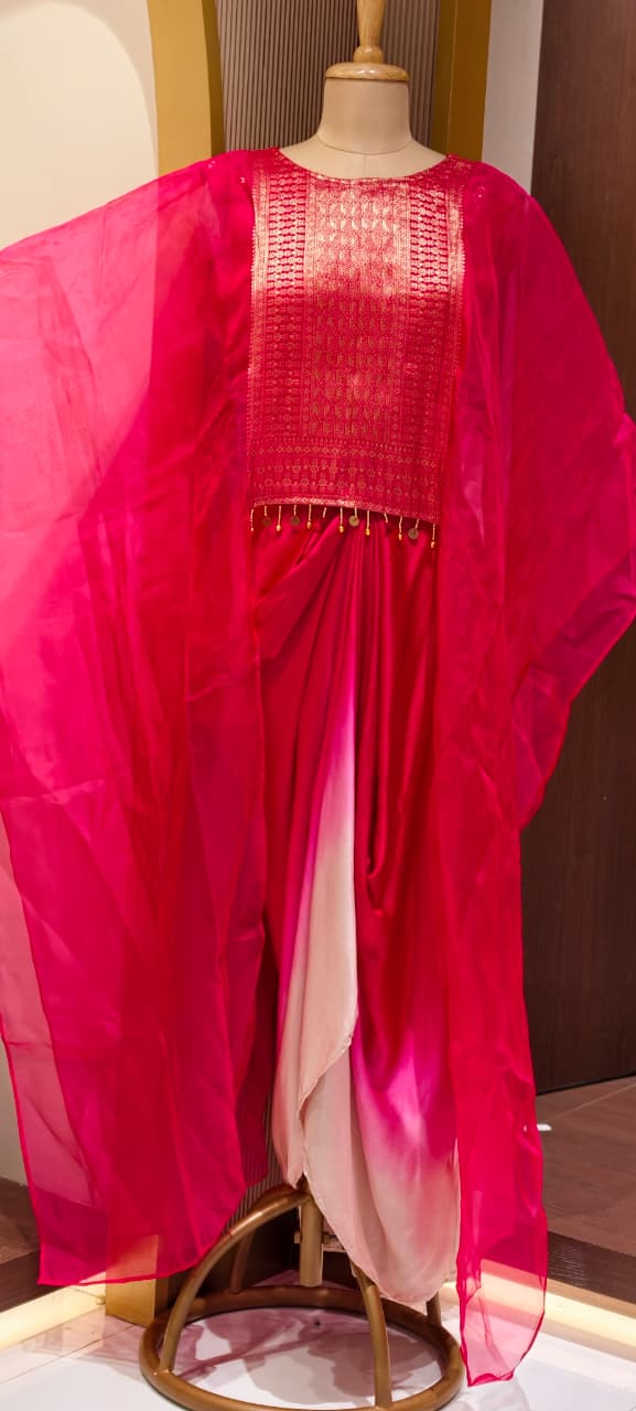 Fuchsia & Purple Ombre Draped Indo-Western Kaftan Set with Gold Brocade Tassel Yoke- 15544