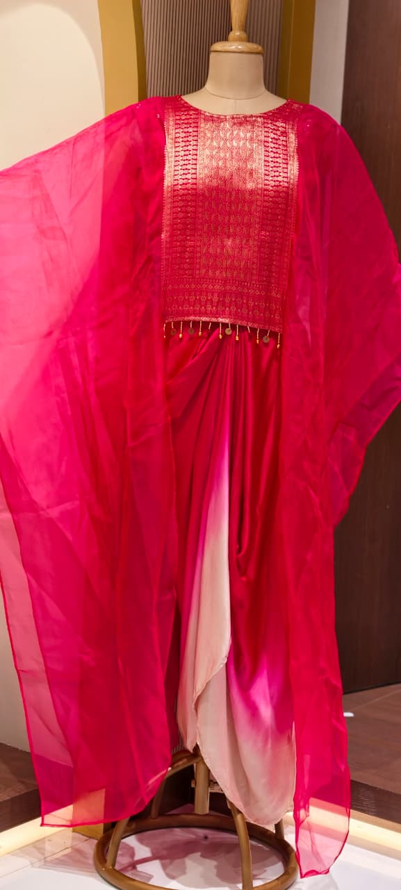 Fuchsia & Purple Ombre Draped Indo-Western Kaftan Set with Gold Brocade Tassel Yoke- 15544