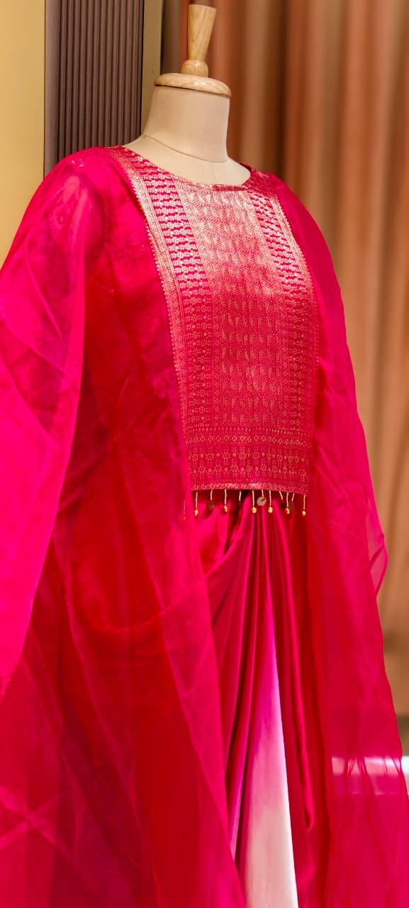 Fuchsia & Purple Ombre Draped Indo-Western Kaftan Set with Gold Brocade Tassel Yoke- 15544