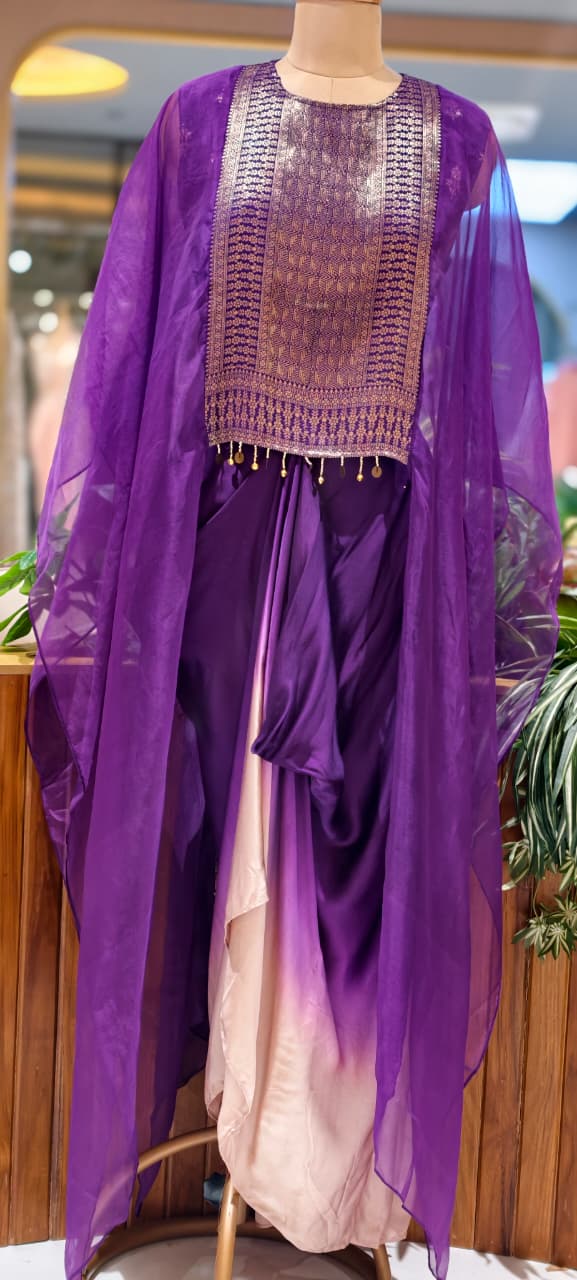 Fuchsia & Purple Ombre Draped Indo-Western Kaftan Set with Gold Brocade Tassel Yoke- 15544