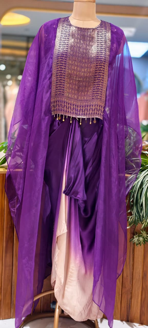 Fuchsia & Purple Ombre Draped Indo-Western Kaftan Set with Gold Brocade Tassel Yoke- 15544