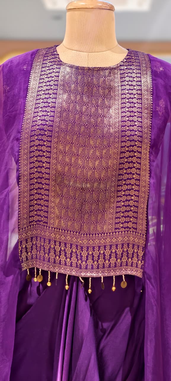 Fuchsia & Purple Ombre Draped Indo-Western Kaftan Set with Gold Brocade Tassel Yoke- 15544