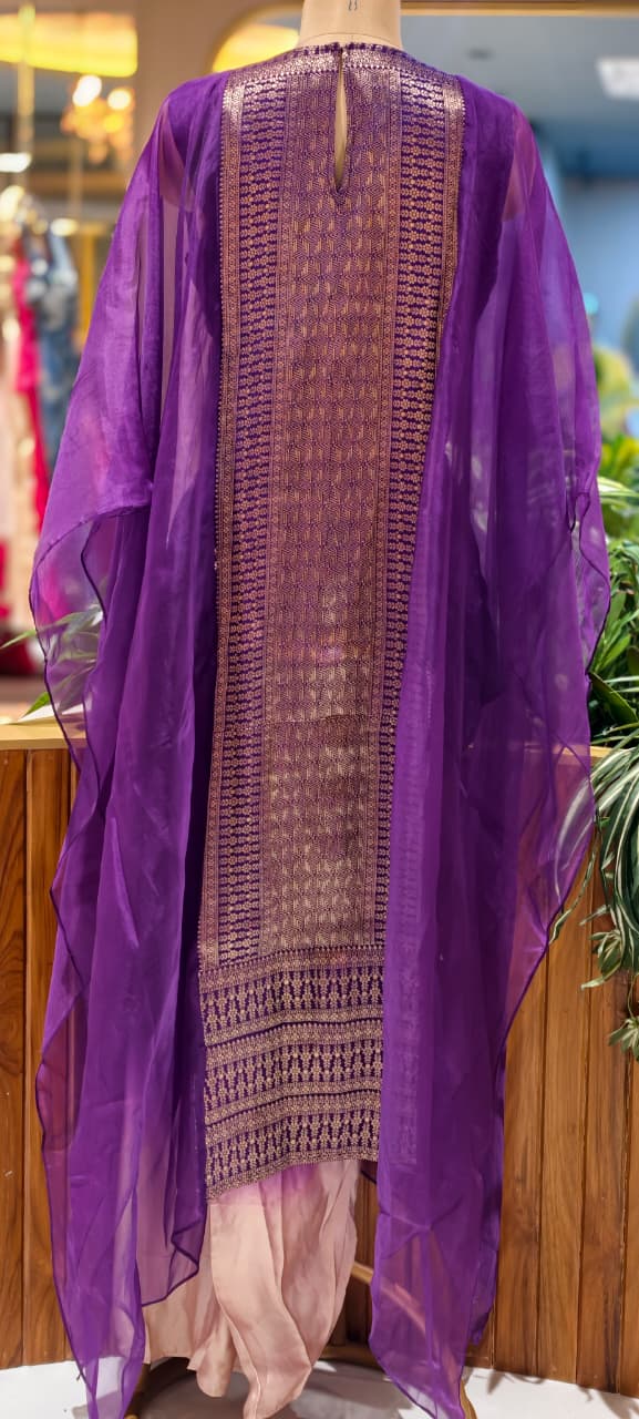 Fuchsia & Purple Ombre Draped Indo-Western Kaftan Set with Gold Brocade Tassel Yoke- 15544
