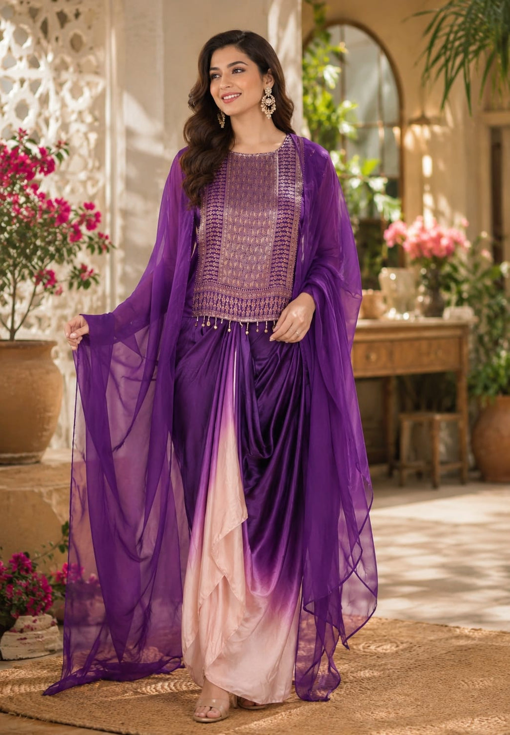 Fuchsia & Purple Ombre Draped Indo-Western Kaftan Set with Gold Brocade Tassel Yoke- 15544