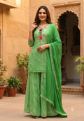 Bright Leheriya Printed Elegant Zari Foil Mirror Embroidery Tassel Detailing Palazzo Full Suit Set With Dupatta In Georgette Fabric- 15711