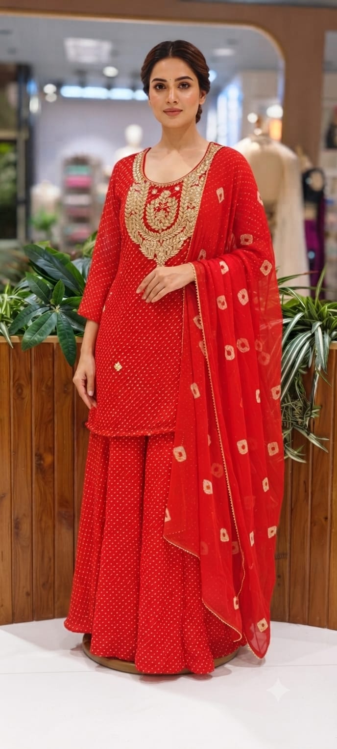 Gotta Leafy Embroidered Festive Leheriya Loose Palazzo Full Suit Set With Dupatta In Georgette Fabric- 15710