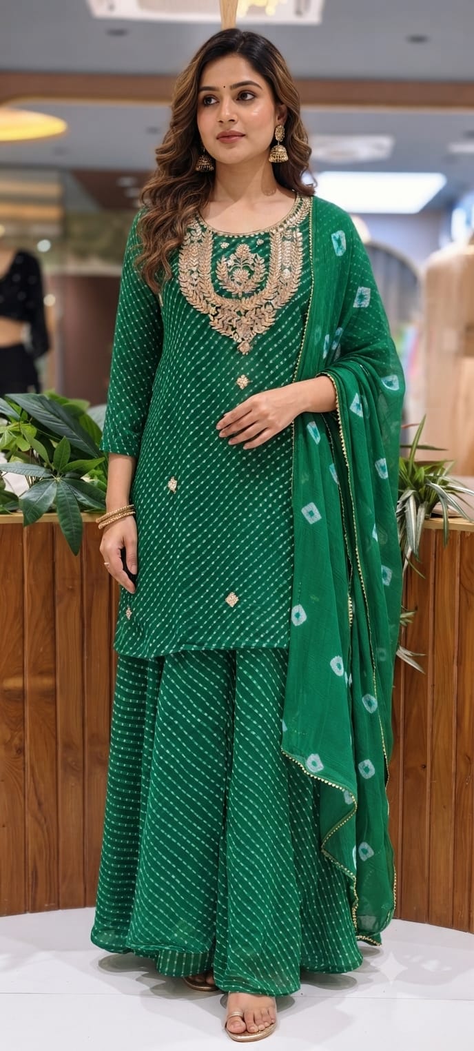 Gotta Leafy Embroidered Festive Leheriya Loose Palazzo Full Suit Set With Dupatta In Georgette Fabric- 15710