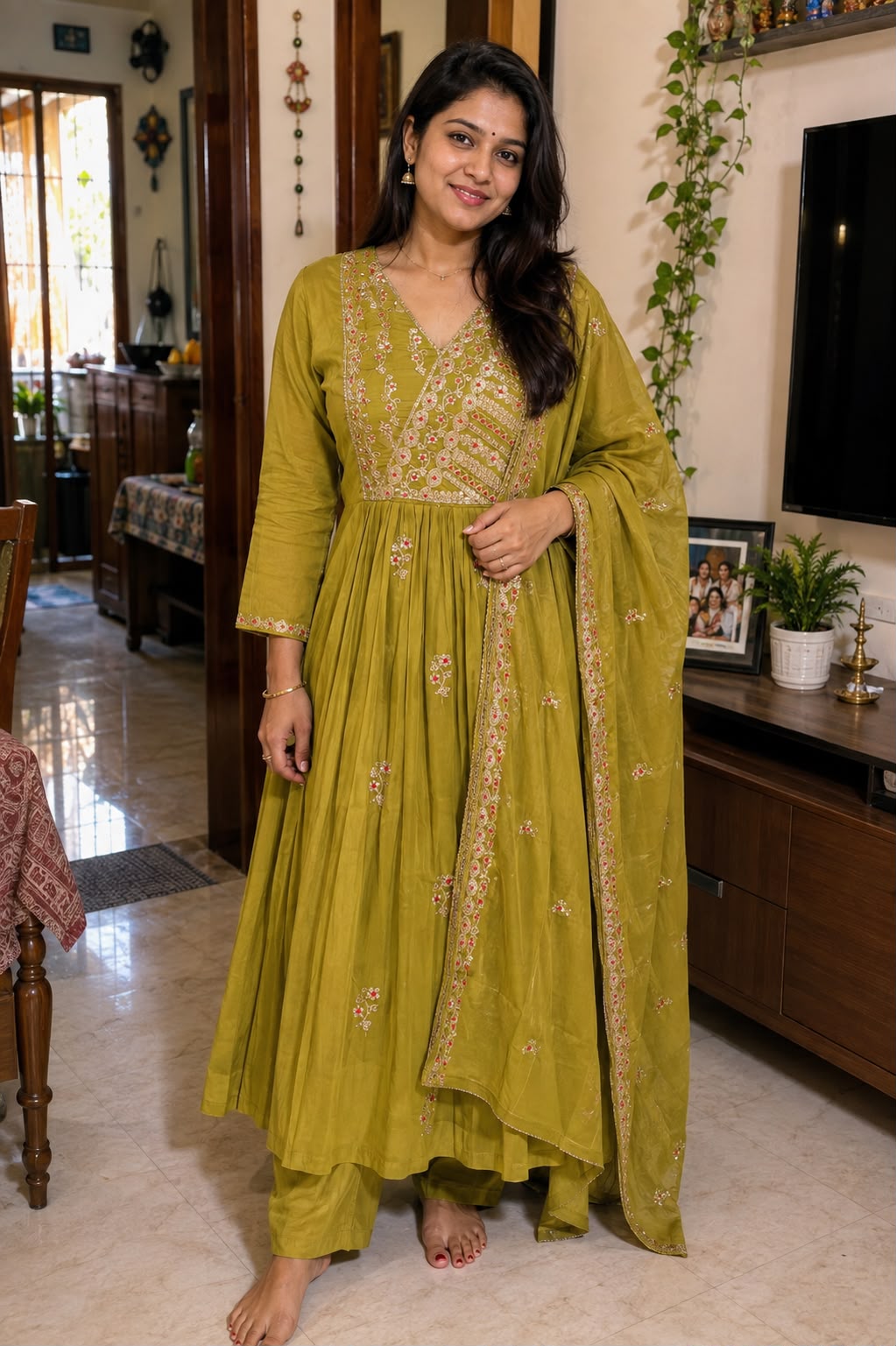 Lime Punch Zardosi Intricate Embroidery Yoke A-Line Surat Mul-Chanderi Full Suit Set With Dupatta- 15724