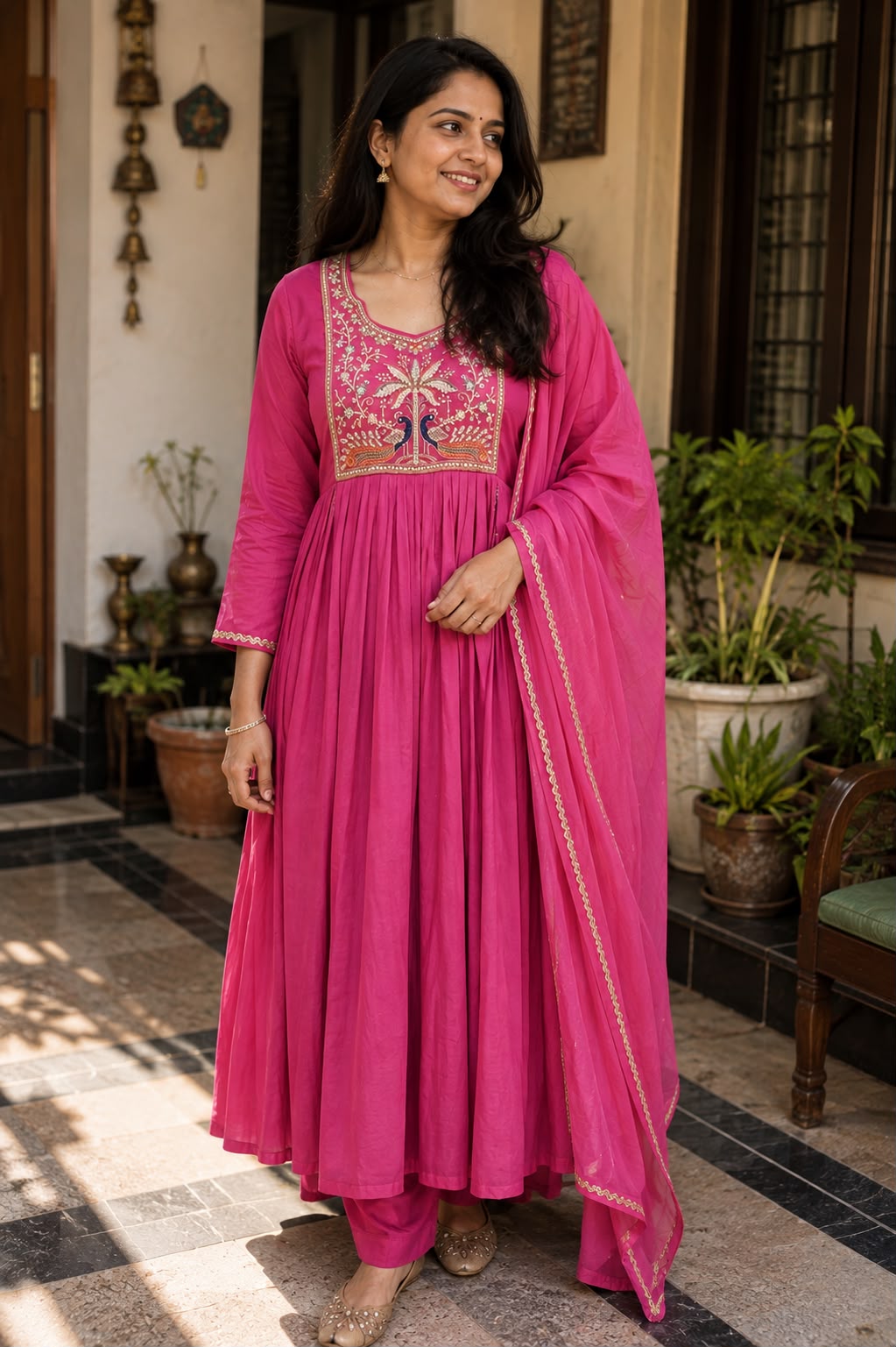 Fuschia Blush Grand Embroidery Yoke A-Line Surat Mul-Chanderi Full Suit Set With Dupatta- 15727