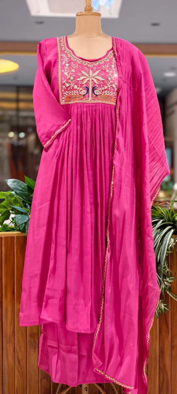 Fuschia Blush Grand Embroidery Yoke A-Line Surat Mul-Chanderi Full Suit Set With Dupatta- 15727