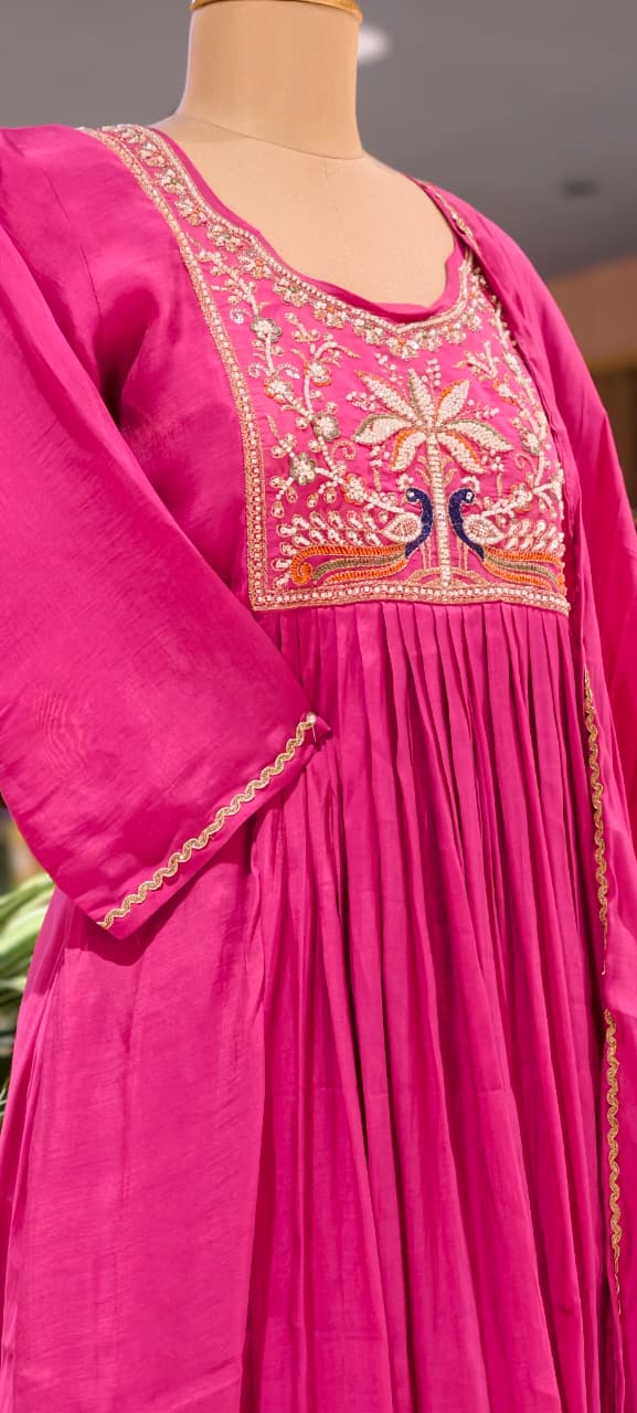 Fuschia Blush Grand Embroidery Yoke A-Line Surat Mul-Chanderi Full Suit Set With Dupatta- 15727