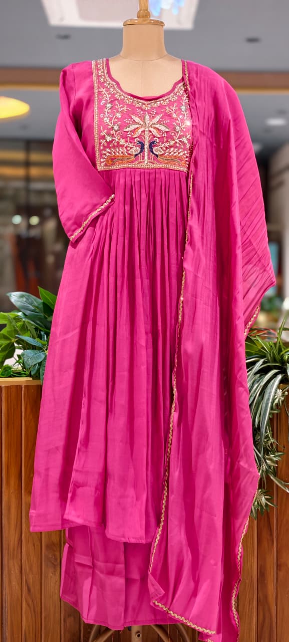 Fuschia Blush Grand Embroidery Yoke A-Line Surat Mul-Chanderi Full Suit Set With Dupatta- 15727