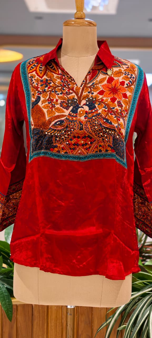 Multicolor Bohemian Bird & Figures Print Casual Crepe Shirt- 15434
