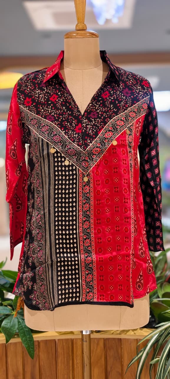 Geometric Floral Block Print Multi Toned Casual Crepe Shirt- 15434