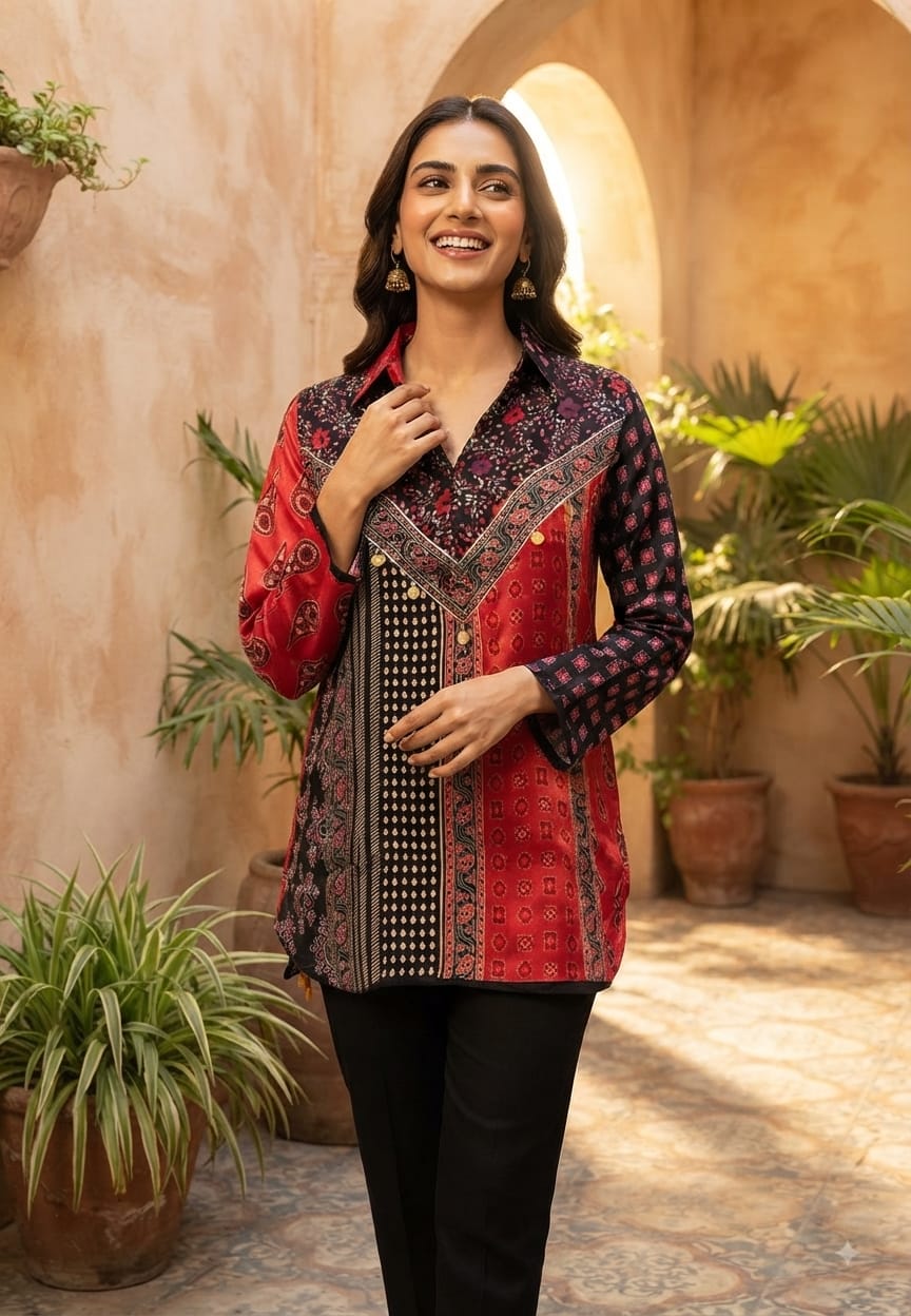 Geometric Floral Block Print Multi Toned Casual Crepe Shirt- 15434