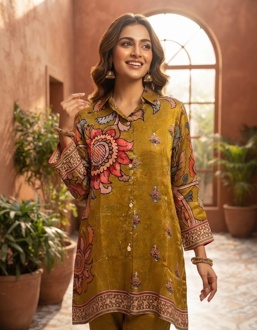 Lime Elegance Sun Inspired Floral Print Crepe Casual Shirts- 15434