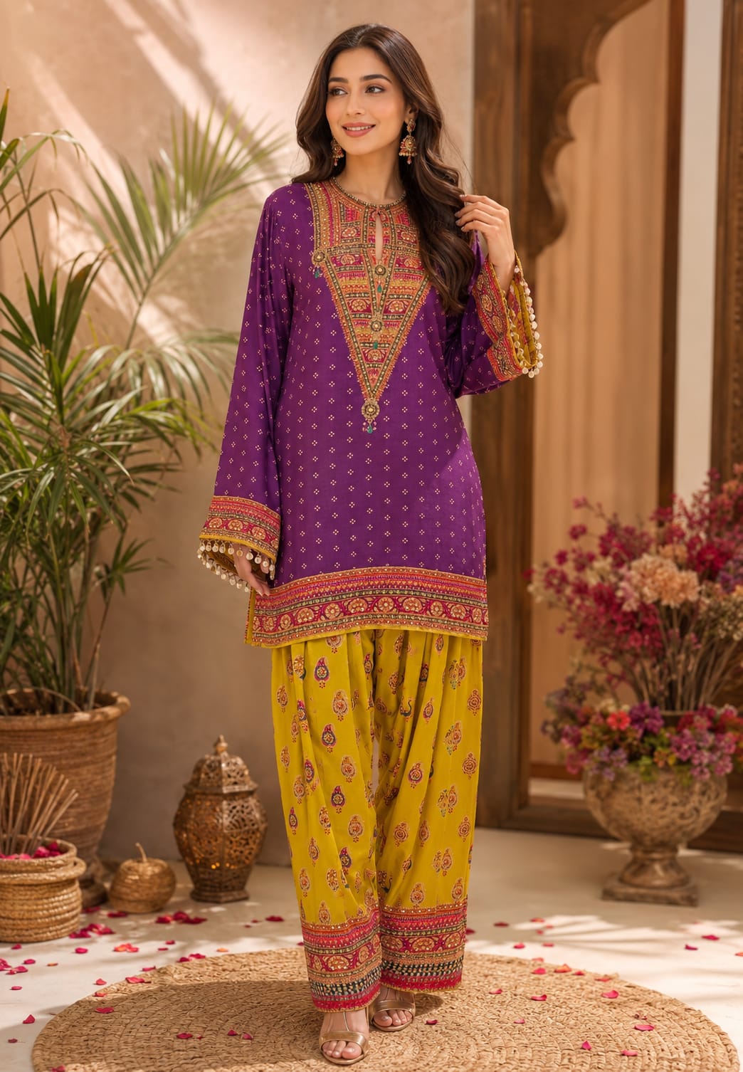 Rajasthani Touch Multicolor Prints Sequin Detailing Short Length Kurta With Farshi Salwar Set- 15685