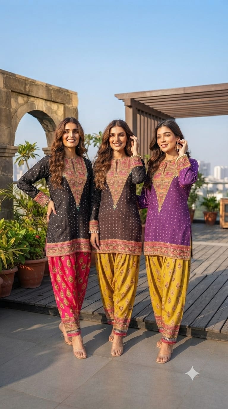 Rajasthani Touch Multicolor Prints Sequin Detailing Short Length Kurta With Farshi Salwar Set- 15685