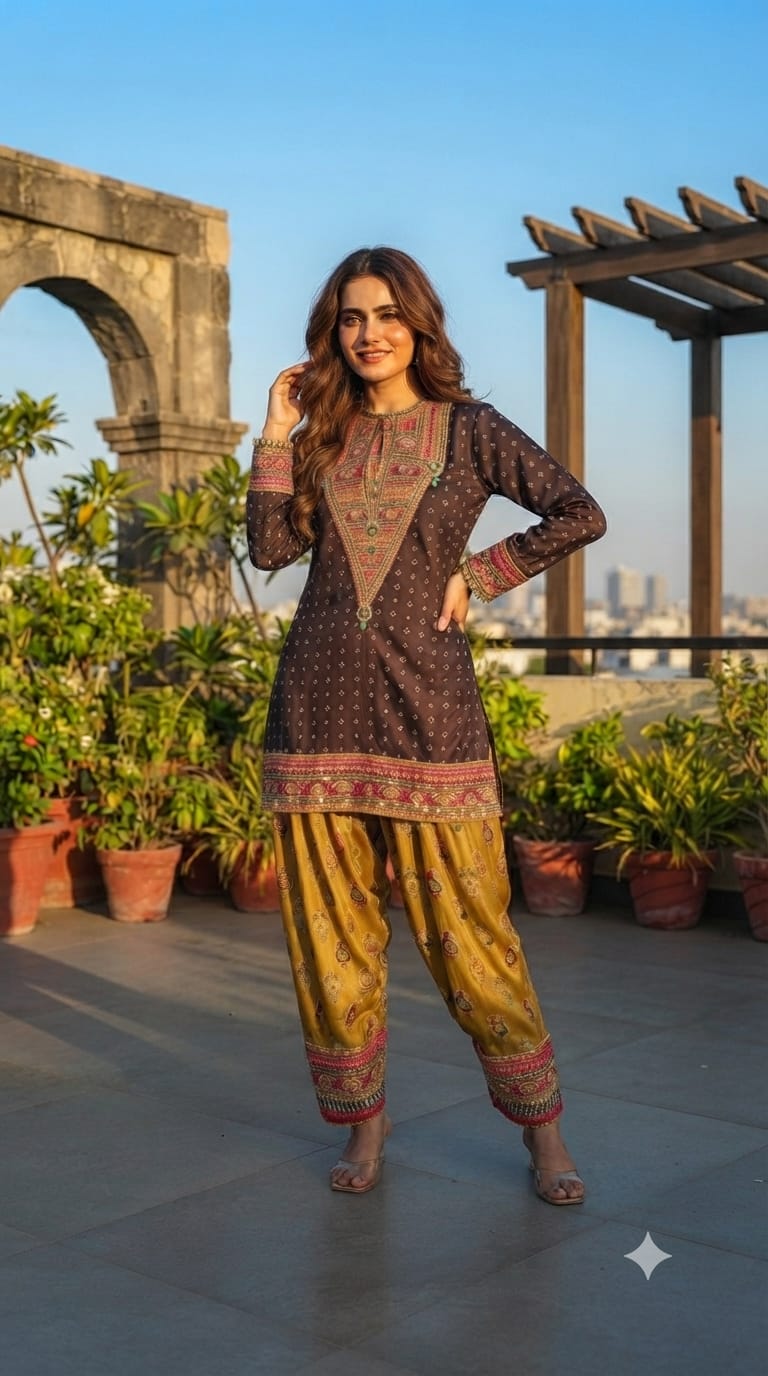 Rajasthani Touch Multicolor Prints Sequin Detailing Short Length Kurta With Farshi Salwar Set- 15685