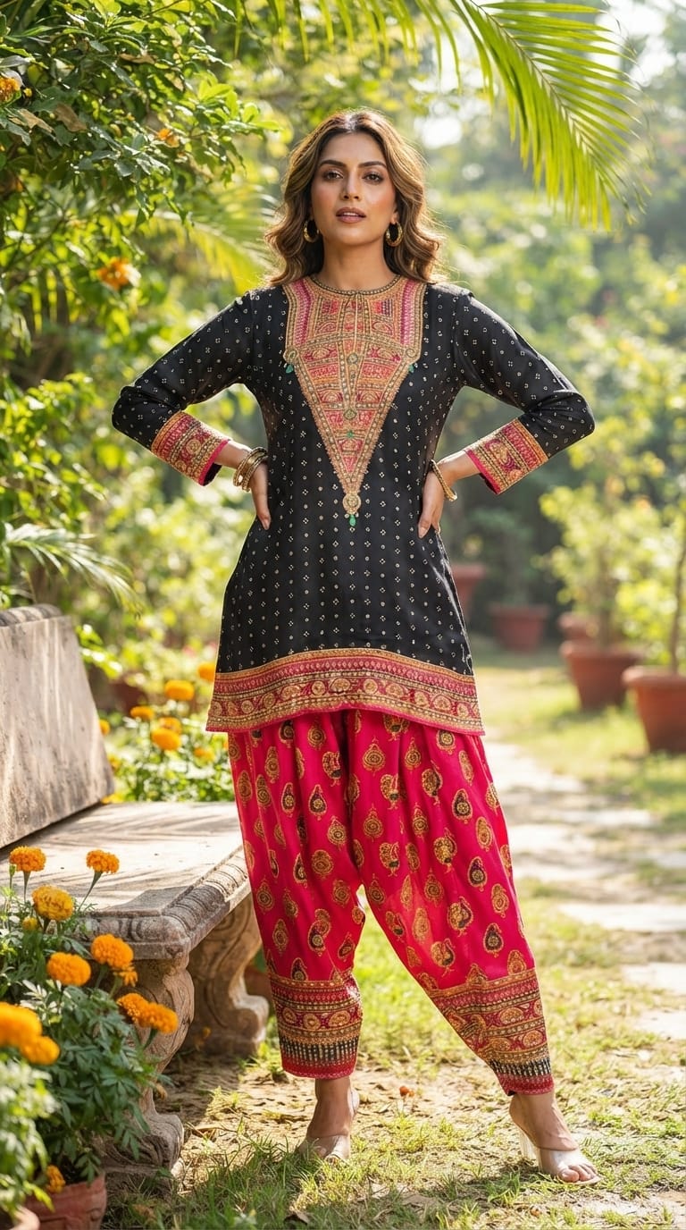 Rajasthani Touch Multicolor Prints Sequin Detailing Short Length Kurta With Farshi Salwar Set- 15685