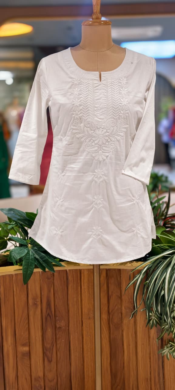 Flawless White Chikankari Thread Embroidered Cotton Kurti Only- 15871 (Thick Cotton)