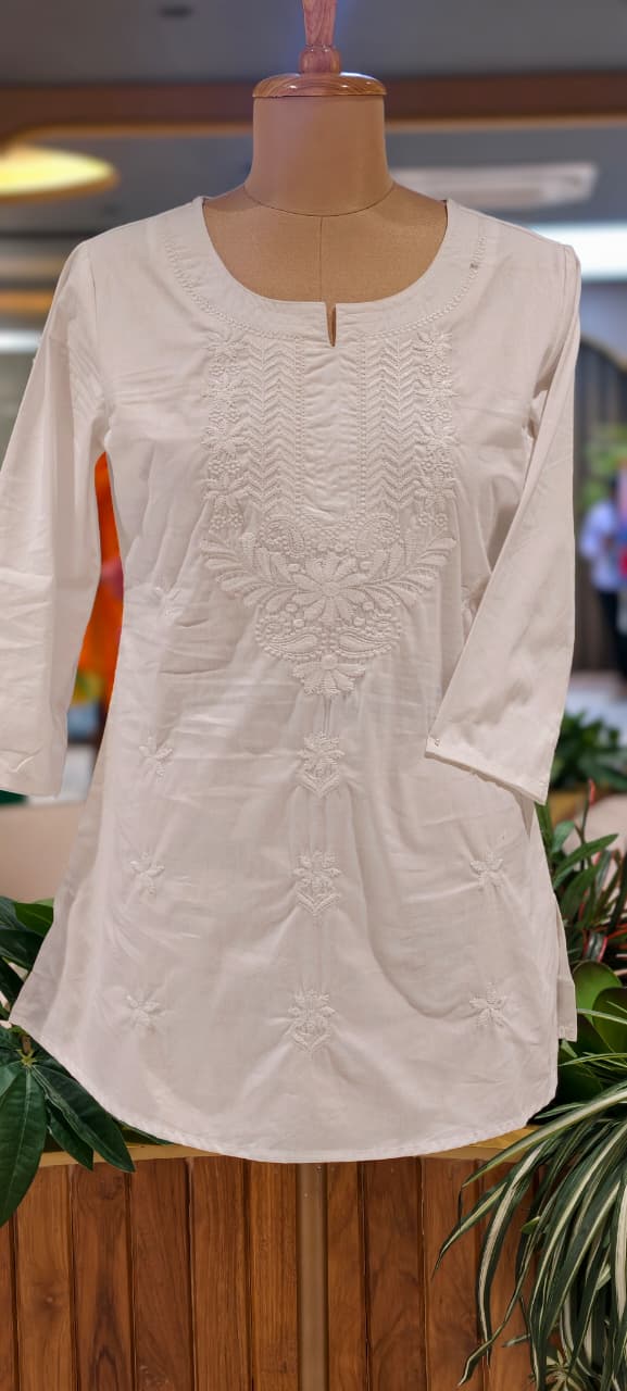 Flawless White Chikankari Thread Embroidered Cotton Kurti Only- 15871 (Thick Cotton)