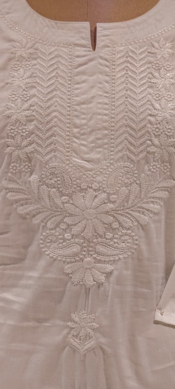 Flawless White Chikankari Thread Embroidered Cotton Kurti Only- 15871 (Thick Cotton)