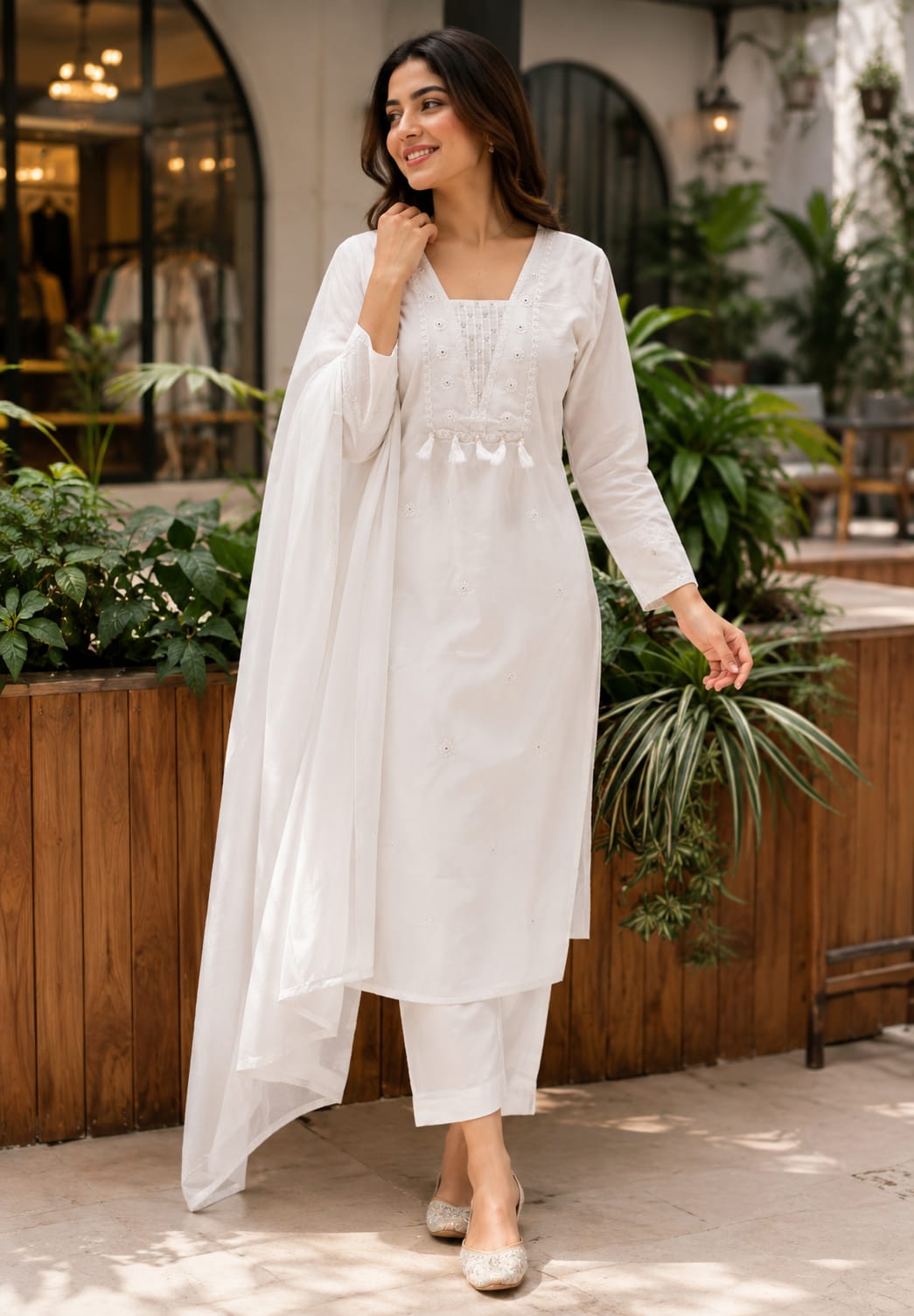 Divine White Beautiful Thraed Embroidered Cotton Full Suit Set With Dupatta- 15867