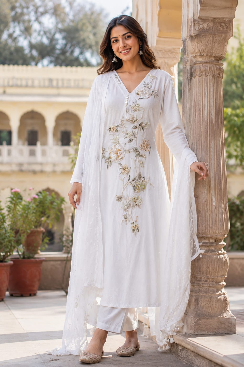 Premium Cotton Buttoned Neckline 3D Floral Embroidery Ivory White Full Suit Set With Dupatta- 15201