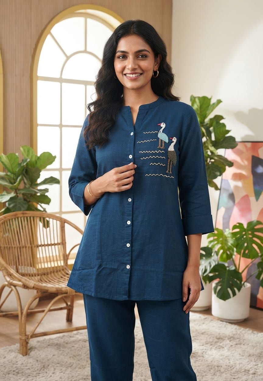 Flamingo Thread Embroidered Cute Motifs Cotton Casual Co-Ord Set- 15558