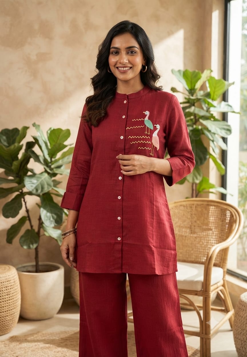 Flamingo Thread Embroidered Cute Motifs Cotton Casual Co-Ord Set- 15558