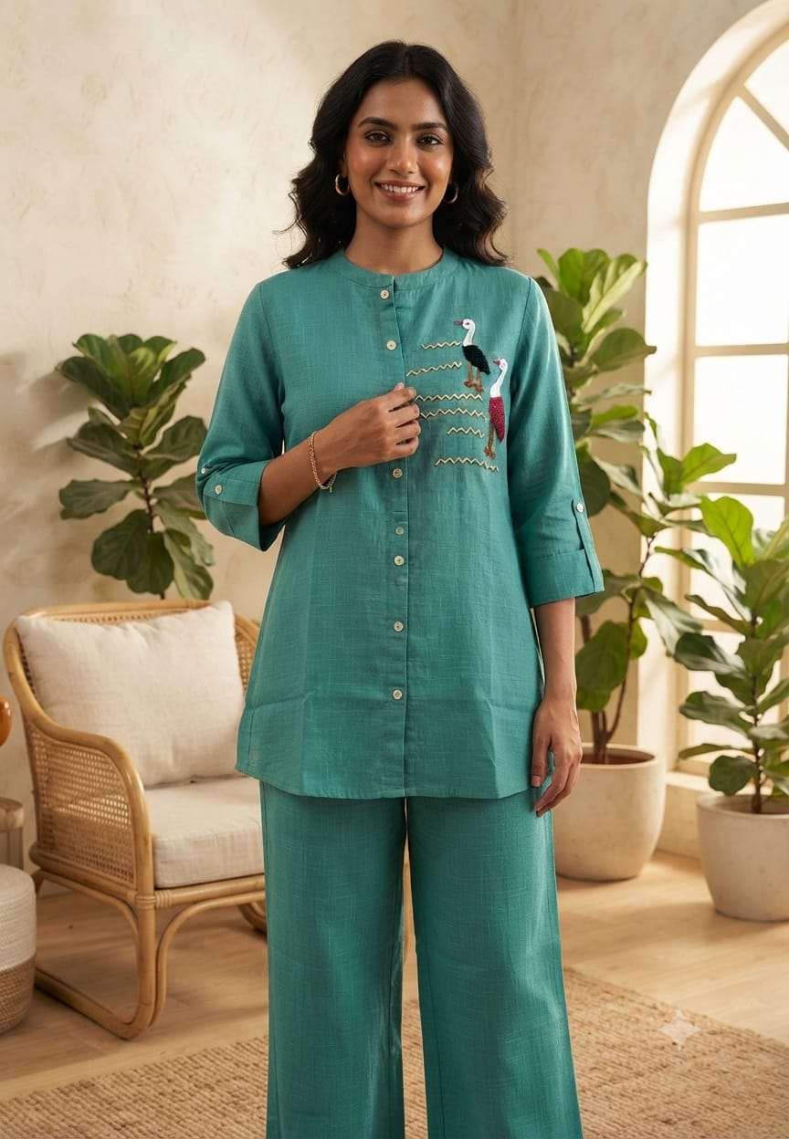 Flamingo Thread Embroidered Cute Motifs Cotton Casual Co-Ord Set- 15558