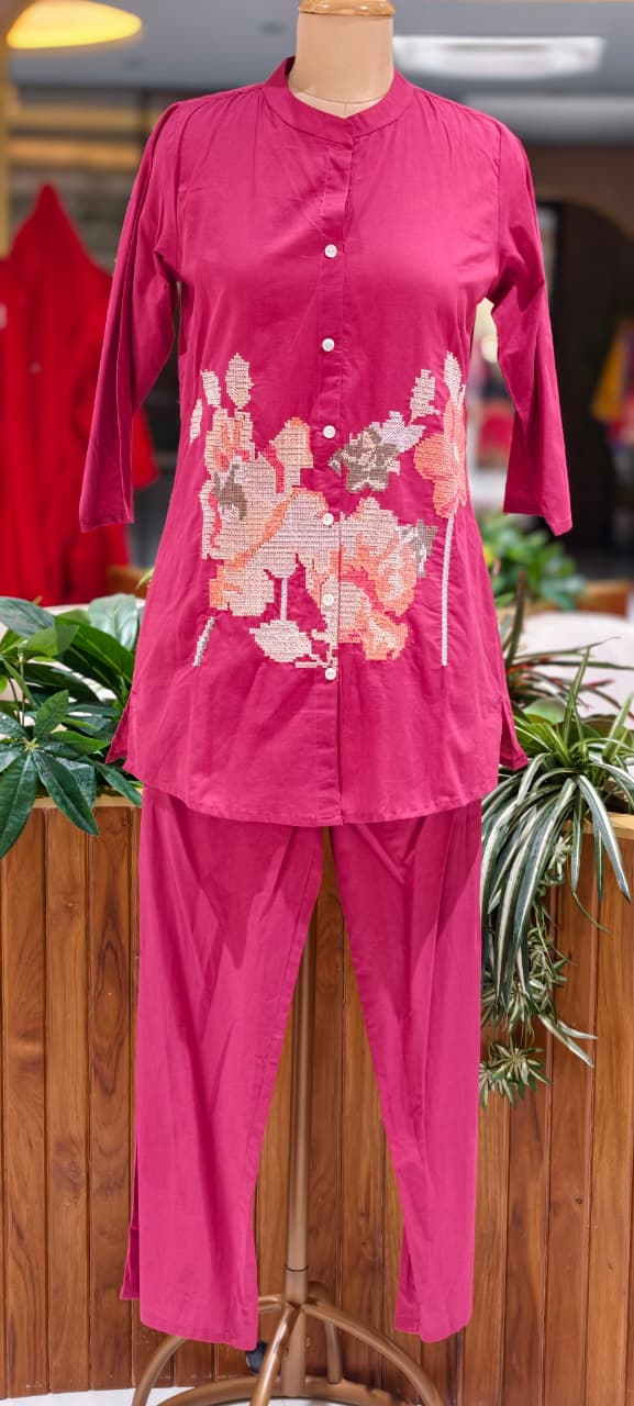 Cross Stitch Thread Embroidery Casual Wear Cotton Co-Ord Set- 15706