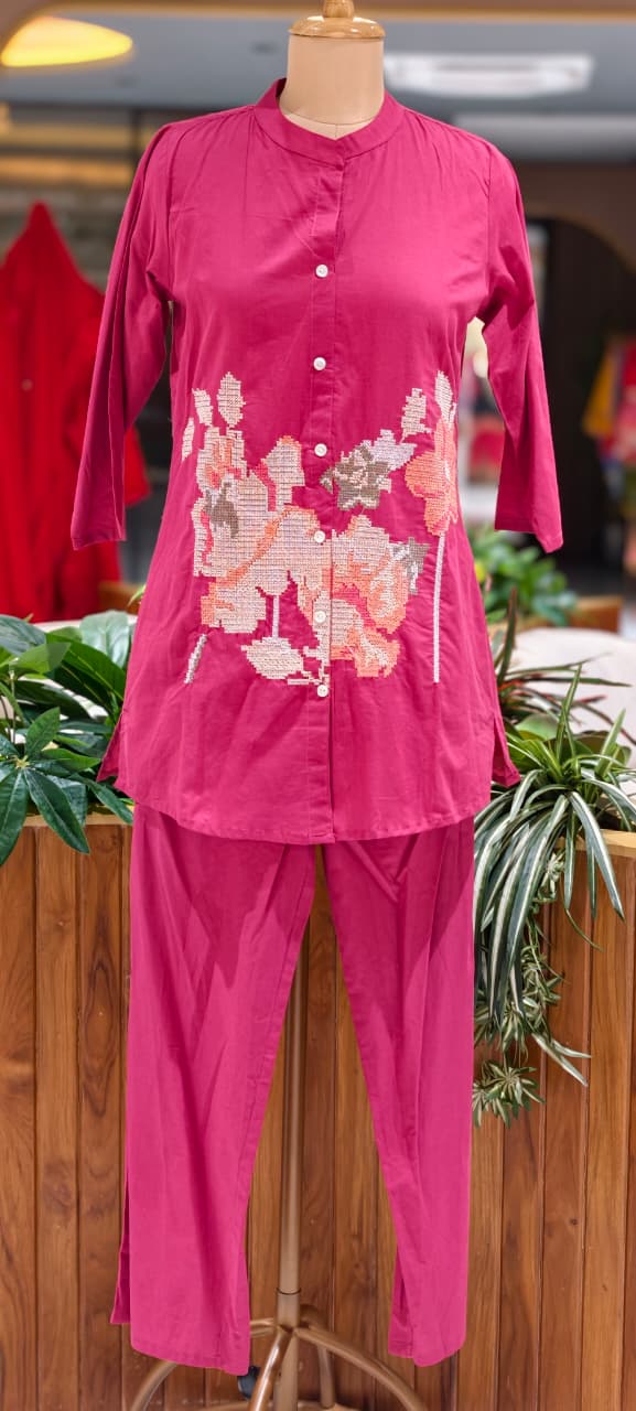 Cross Stitch Thread Embroidery Casual Wear Cotton Co-Ord Set- 15706
