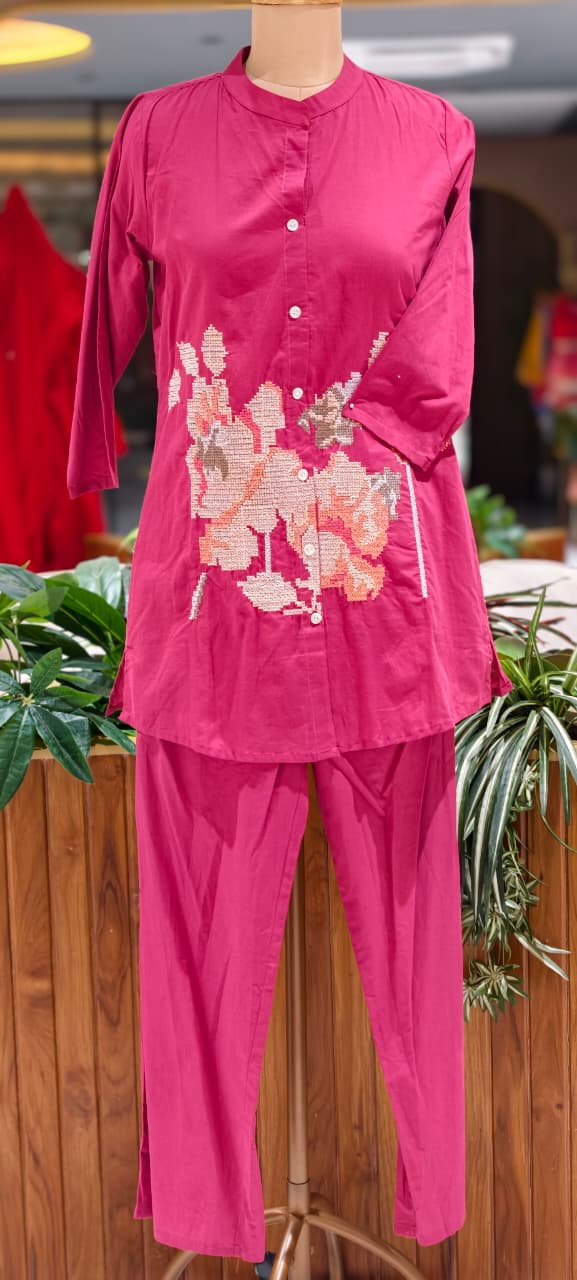 Cross Stitch Thread Embroidery Casual Wear Cotton Co-Ord Set- 15706