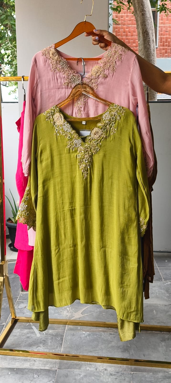 Leavy Embroidered Neckline With Cut-Dana Upwork Russian Silk Co-Ord Set- 15125