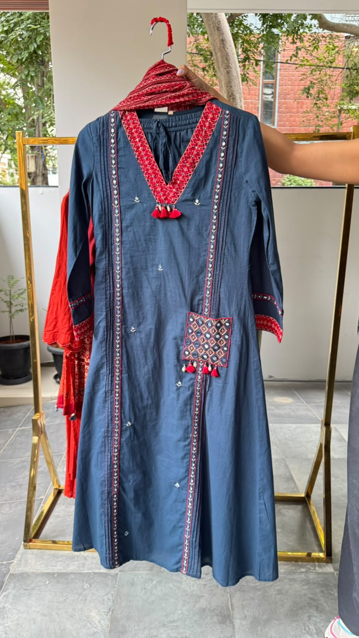 Boho Tassel Accent Pocket Style Cotton A-Line Full Suit Set With Dupatta- 15776