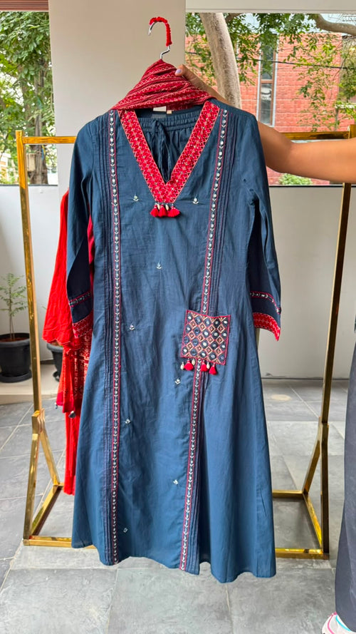Boho Tassel Accent Pocket Style Cotton A-Line Full Suit Set With Dupatta- 15776