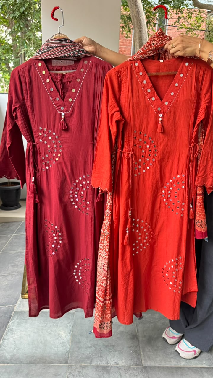 Real Mirror Rounded Embroidery Upwork Cotton A-Line Full Suit Set With Dupatta- 15783