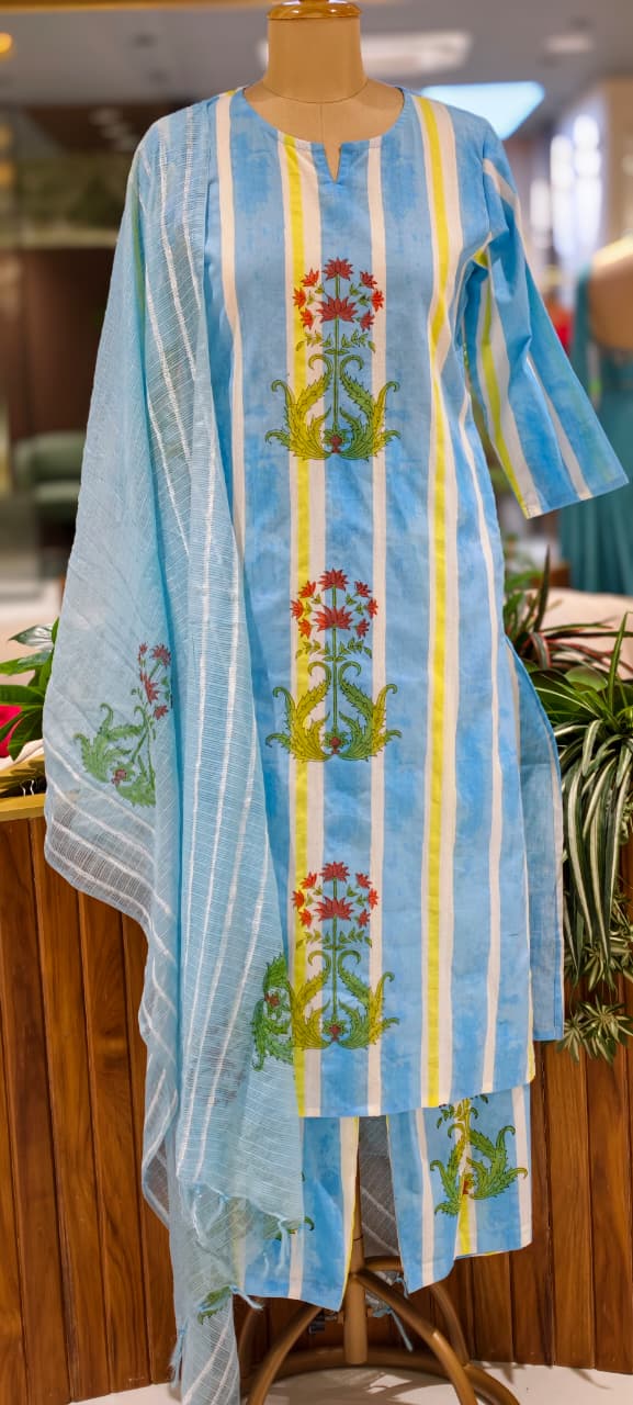 Candy Striped Floral Print Straight Full Suit Set With Dupatta In Cotton Fabric- 15821