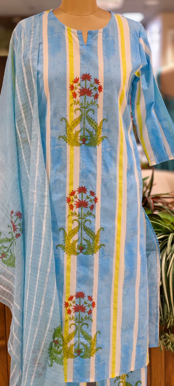 Candy Striped Floral Print Straight Full Suit Set With Dupatta In Cotton Fabric- 15821