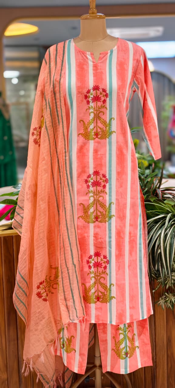 Candy Striped Floral Print Straight Full Suit Set With Dupatta In Cotton Fabric- 15821