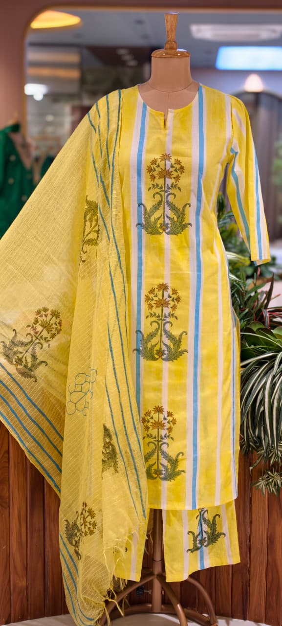Candy Striped Floral Print Straight Full Suit Set With Dupatta In Cotton Fabric- 15821