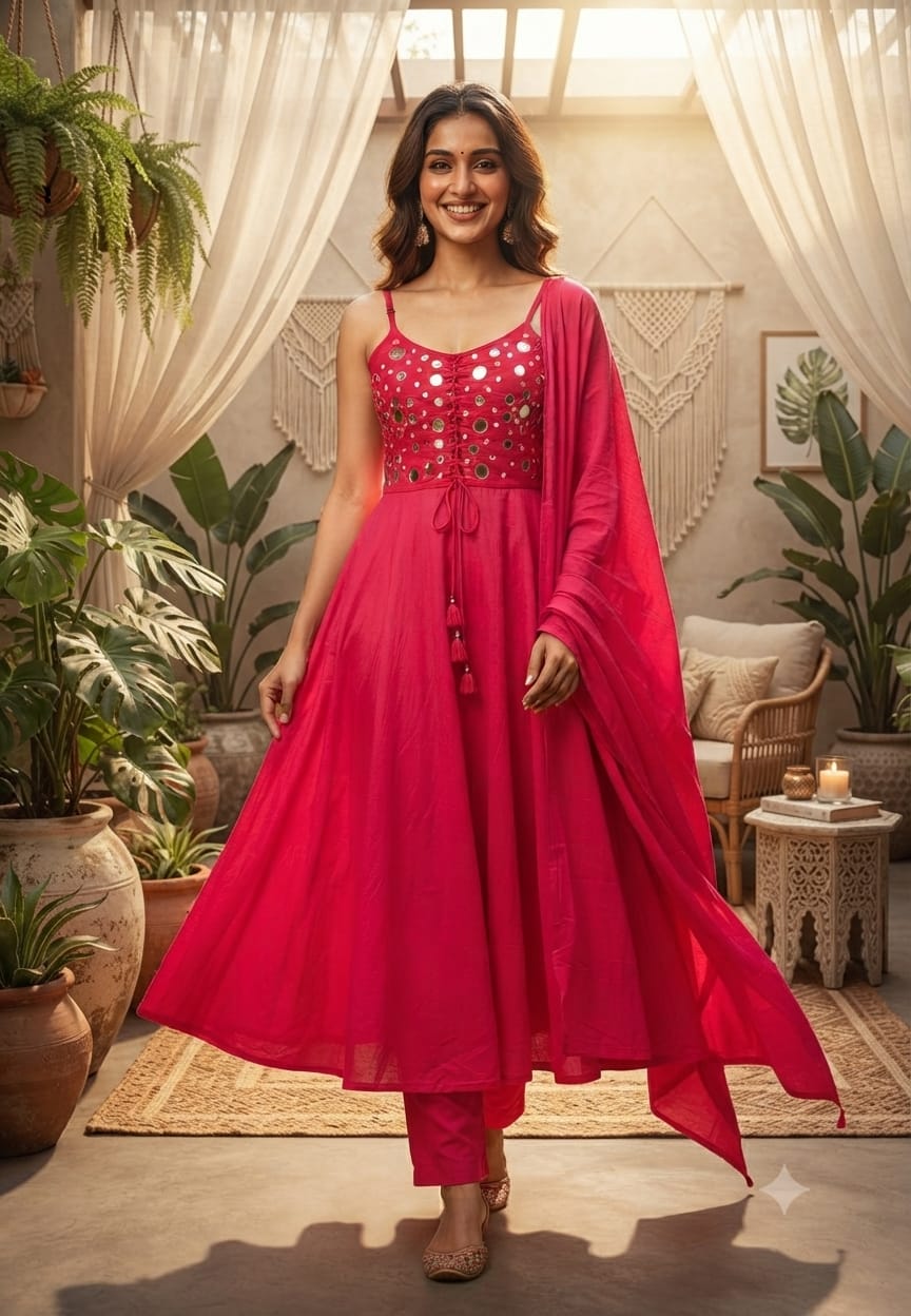Noodle Strap Knotted Front Tassel Real Mirror Cotton Anarkali Full Suit Set With Dupatta- 15493