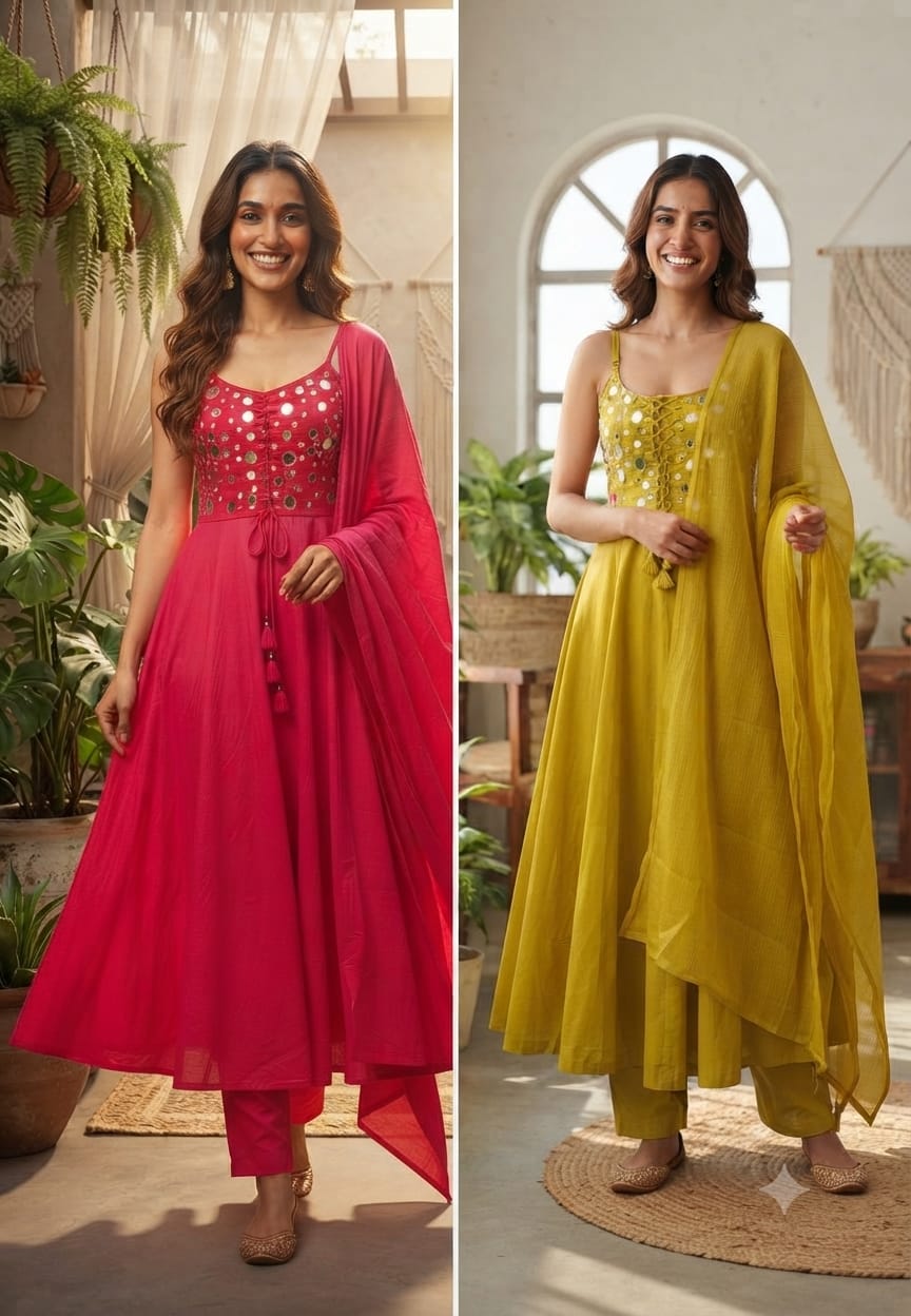 Noodle Strap Knotted Front Tassel Real Mirror Cotton Anarkali Full Suit Set With Dupatta- 15493