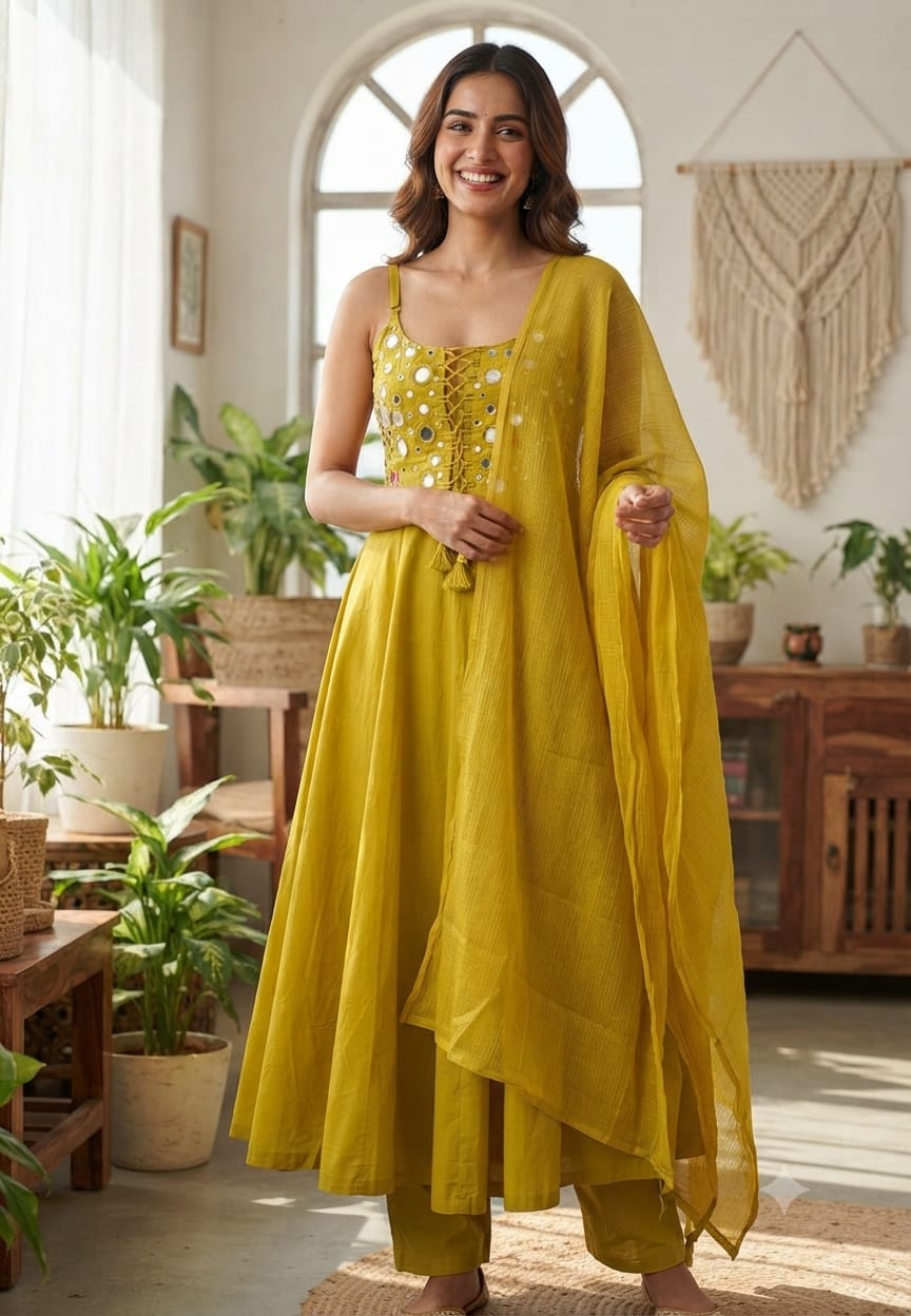 Noodle Strap Knotted Front Tassel Real Mirror Cotton Anarkali Full Suit Set With Dupatta- 15493