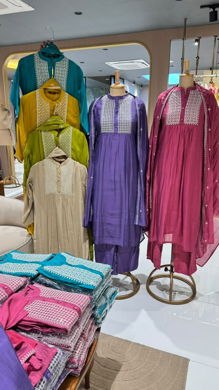Premium Surat Mul-Chanderi Embroidered Yoke A-Line Full Suit Set with Dupatta- 15925