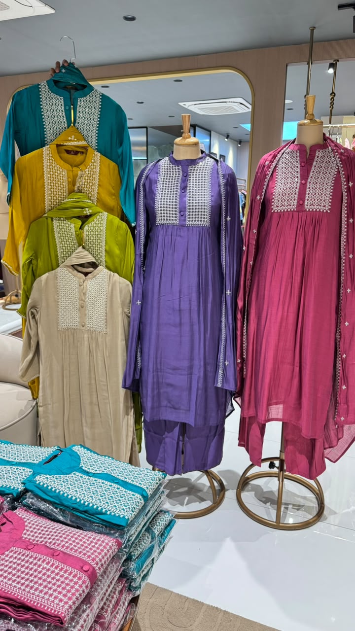 Premium Surat Mul-Chanderi Embroidered Yoke A-Line Full Suit Set with Dupatta- 15925