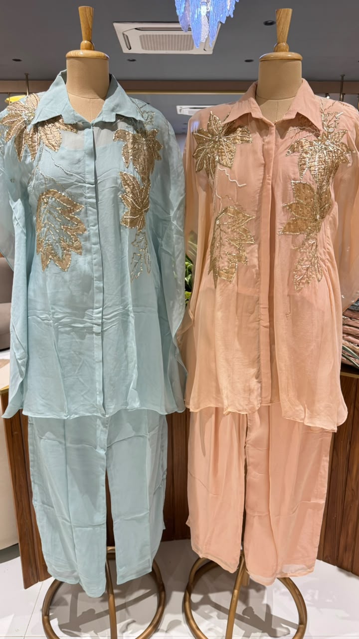 Shiny Sequin Cut-Dana Leaf Elegance Kaftan Style Sleeve Premium Co-Ord Set- 15944