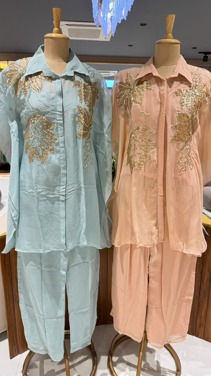 Shiny Sequin Cut-Dana Leaf Elegance Kaftan Style Sleeve Premium Co-Ord Set- 15944